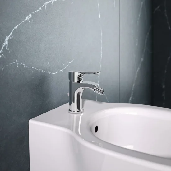 Alpha стоящ смесител за биде с изпразнител с 35mm керамичен затварящ механизъм с ограничител на топлата вода