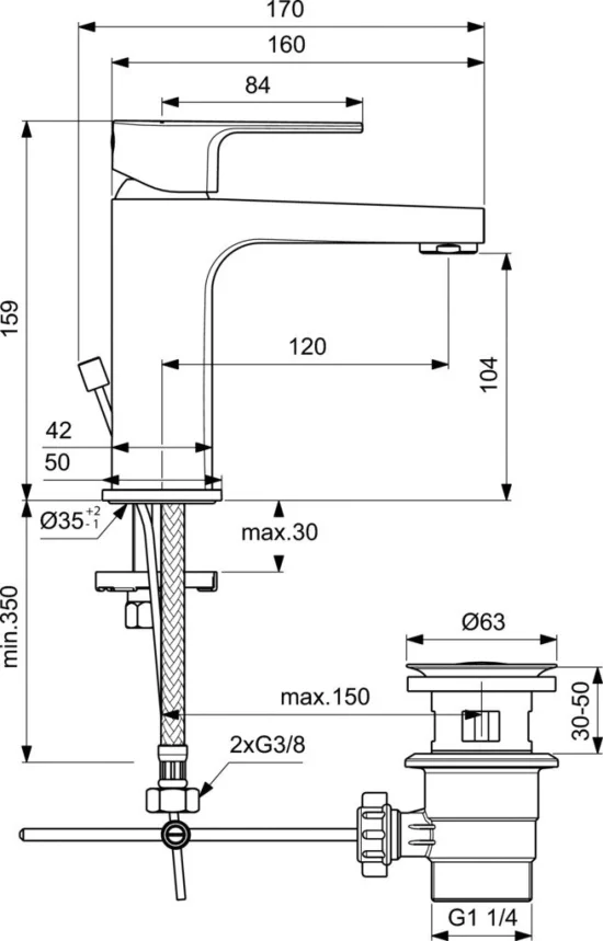 ESLA смесител за умивалник с изпразнител, с 35mm керамичен затварящ механизъм с ограничител на топла вода