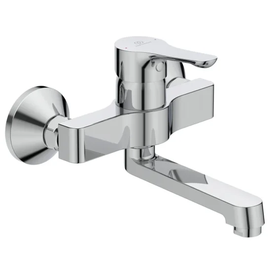 Alpha стенен смесител за умивалник с 35mm керамичен затварящ механизъм с ограничител на топлата вода