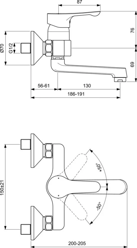 Alpha стенен смесител за умивалник с 35mm керамичен затварящ механизъм с ограничител на топлата вода