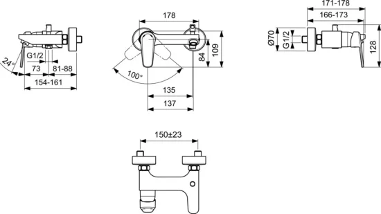 Смесител стенен за вана/душ