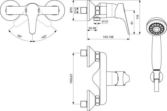 Смесител стенен за душ с аксесоари