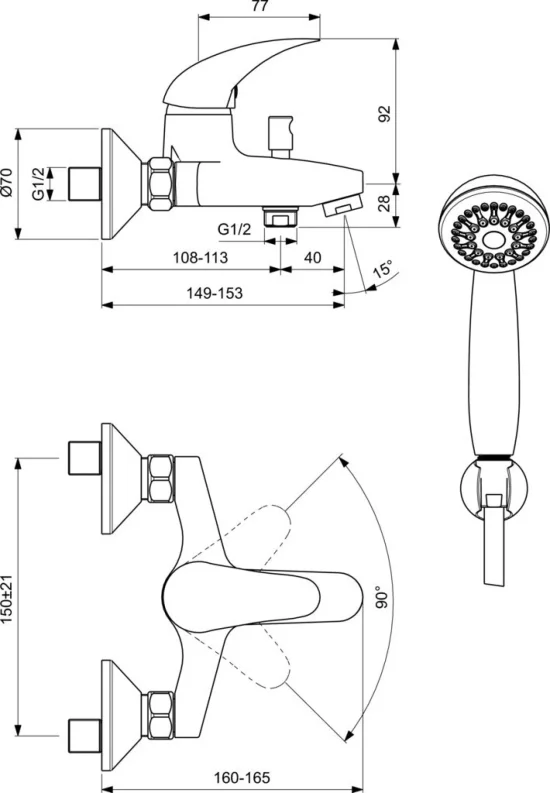Смесител стенен за вана/душ с аксесоари
