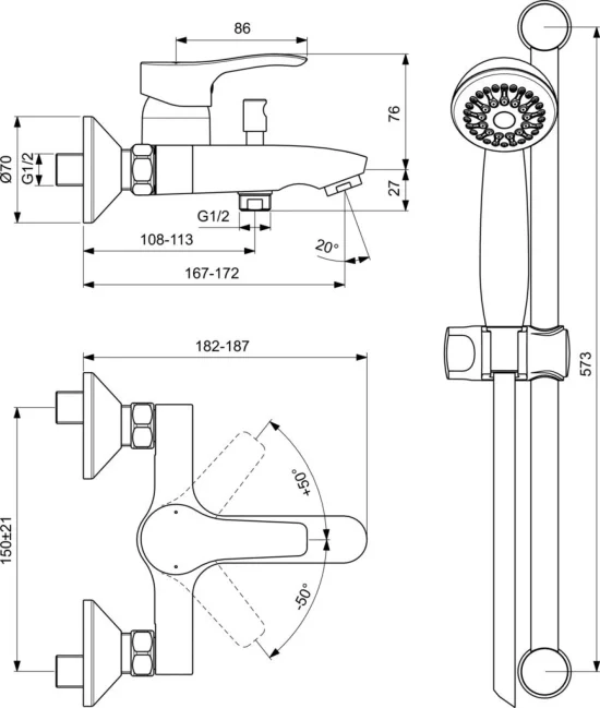 Смесител стенен за вана/душ с аксесоари