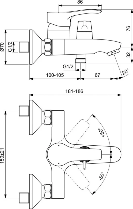 Смесител стенен за вана/душ