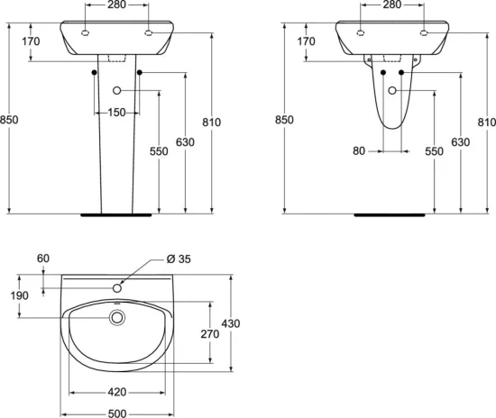 Мивка 50 cm с централен отвор за смесител