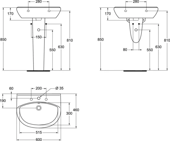 Мивка 60 cm с централен отвор за смесител